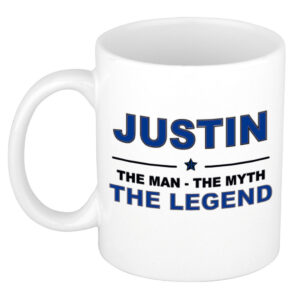Justin The man, The myth the legend pensioen cadeau mok/beker 300 ml