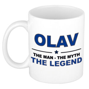 Olav The man, The myth the legend pensioen cadeau mok/beker 300 ml